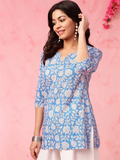 EthnicBasket Women Floral Print Cotton Blend Tunic Kurta (Blue