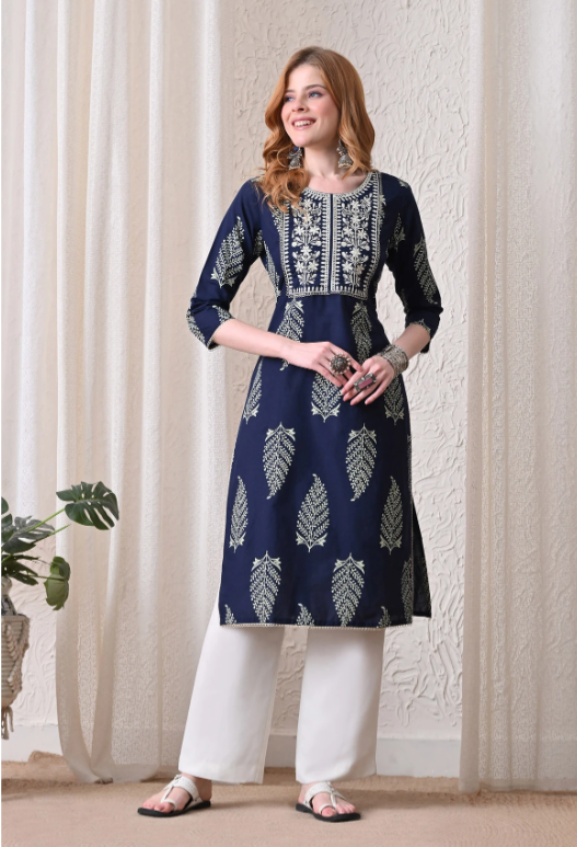 KJFAB Women Printed Pure Cotton Straight Kurta (Dark Blue)