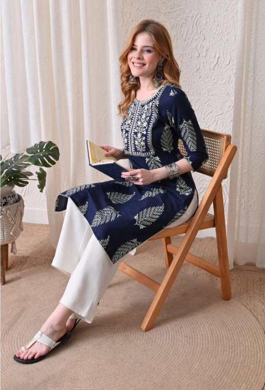 KJFAB Women Printed Pure Cotton Straight Kurta (Dark Blue)