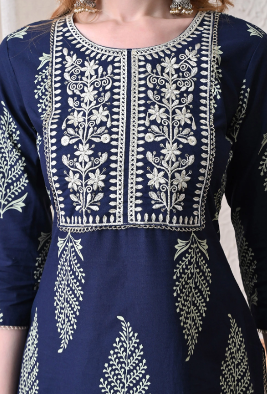 KJFAB Women Printed Pure Cotton Straight Kurta (Dark Blue)
