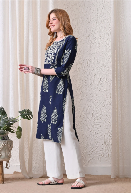 KJFAB Women Printed Pure Cotton Straight Kurta (Dark Blue)