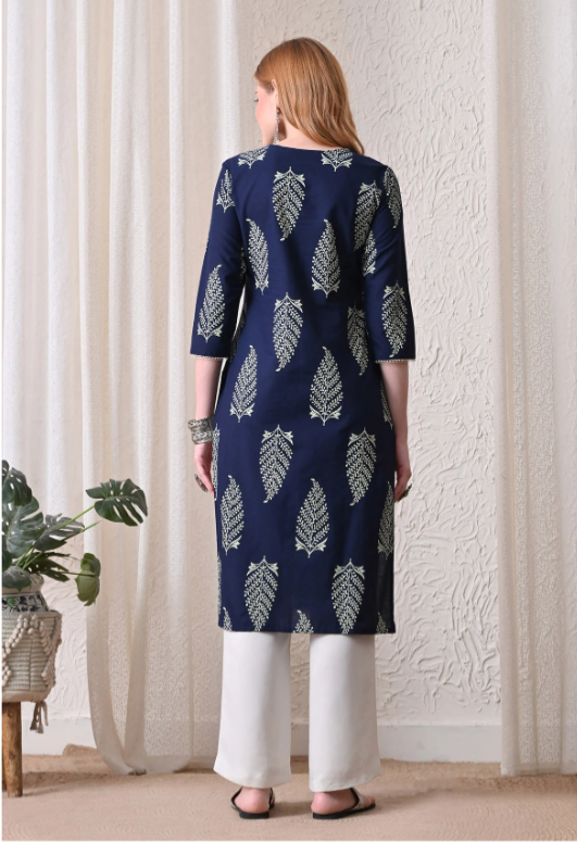 KJFAB Women Printed Pure Cotton Straight Kurta (Dark Blue)