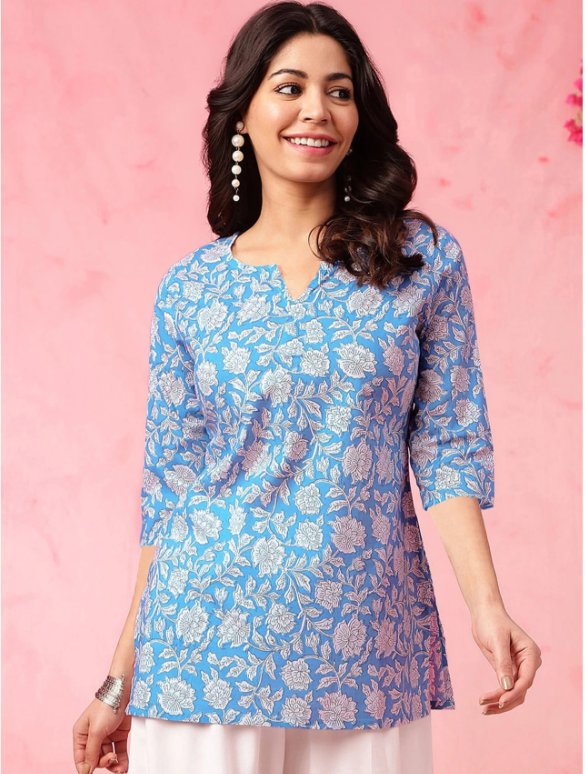 EthnicBasket Women Floral Print Cotton Blend Tunic Kurta (Blue