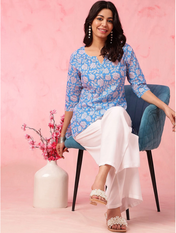 EthnicBasket Women Floral Print Cotton Blend Tunic Kurta (Blue
