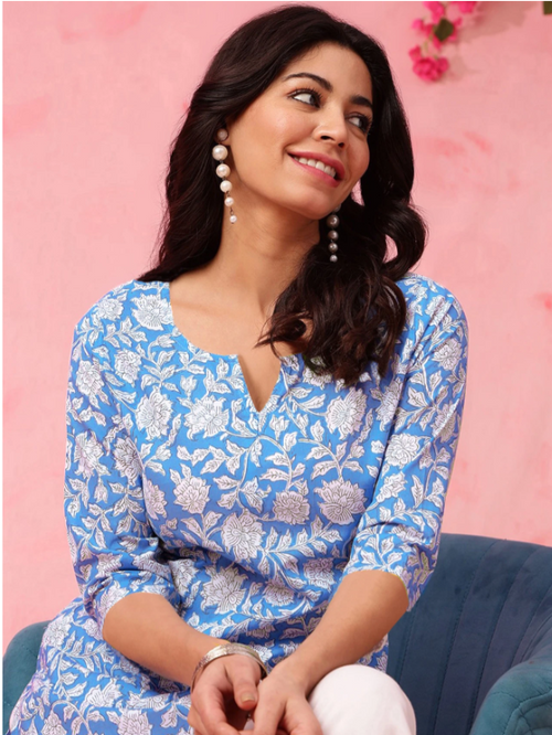 EthnicBasket Women Floral Print Cotton Blend Tunic Kurta (Blue